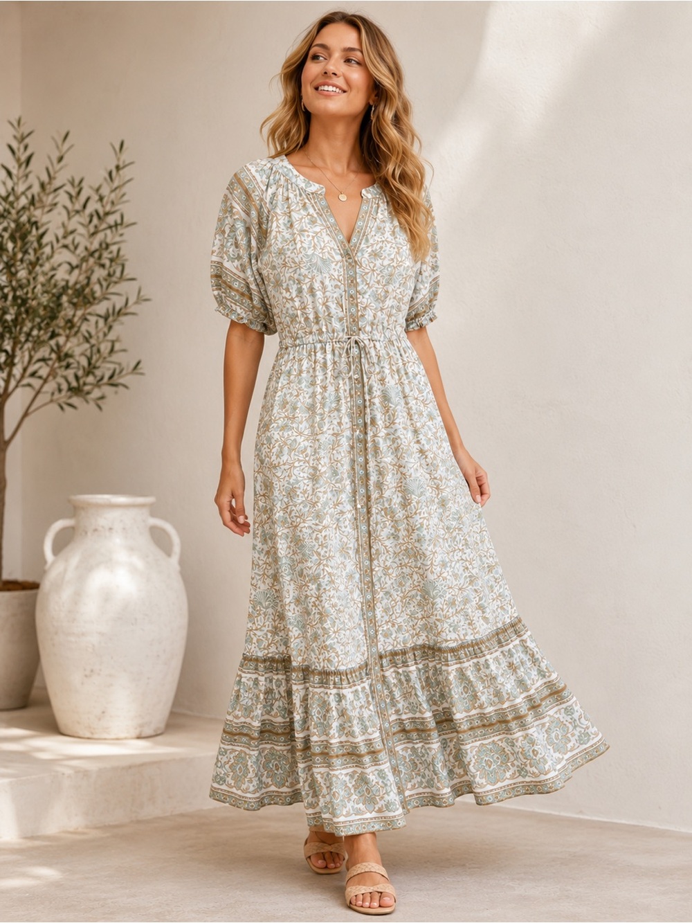 By the River Anthropologie Boho Paisley Floral Maxi Dress Sage Cream size M - Picture 1 of 6